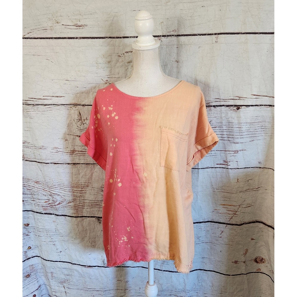 Umgee Pink Peach Dip Dye Splatter Linen Blend Short Sleeve Top Small NWT